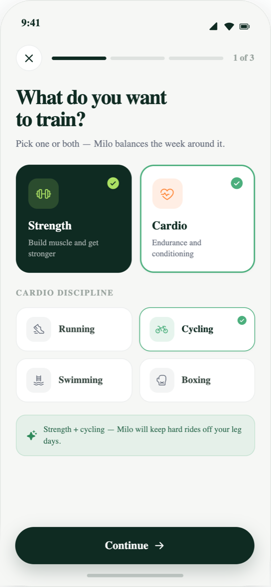 De iPhone-app vraagt op welke trainingsfocus het plan gebouwd moet worden.