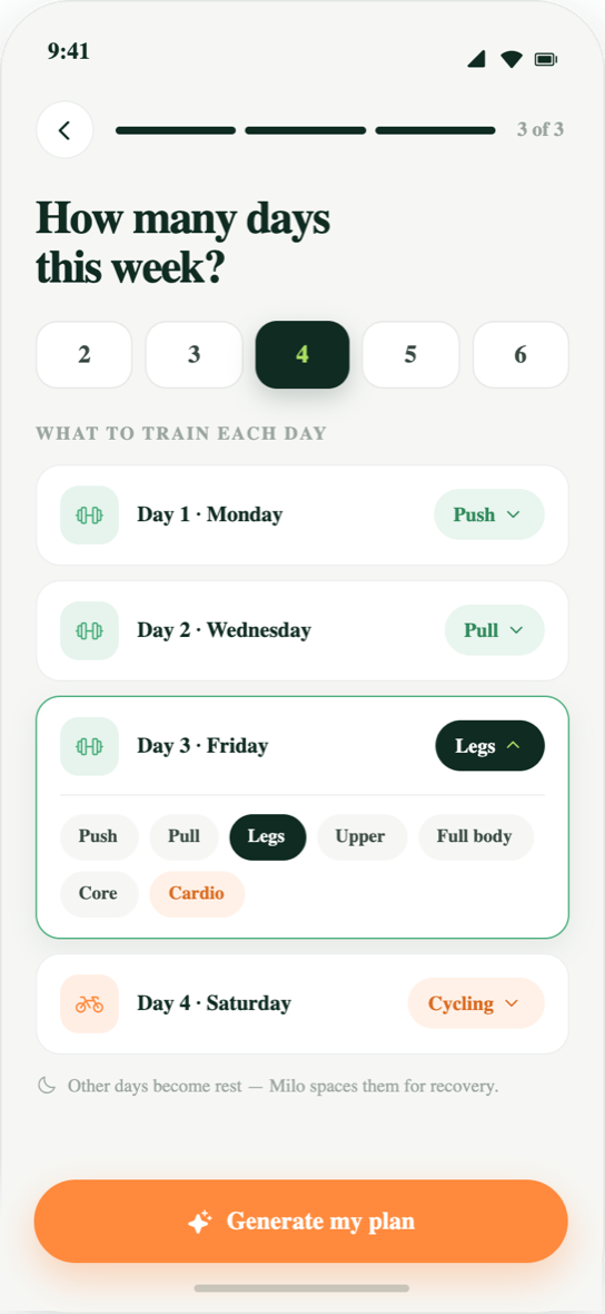 De iPhone-app vraagt hoeveel trainingsdagen per week beschikbaar zijn en stelt een split voor.