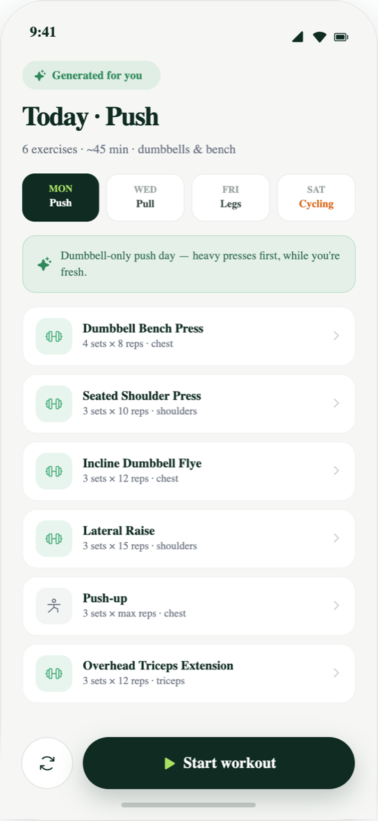 Het gegenereerde trainingsplan in de iPhone-app, met de sessies van de week.